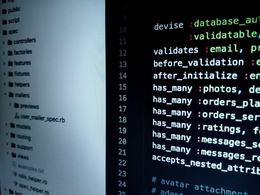 A close-up view of a computer screen displaying lines of code with syntax highlighting in various colors such as green, blue, purple, and red. The code appears to be part of a web application's backen